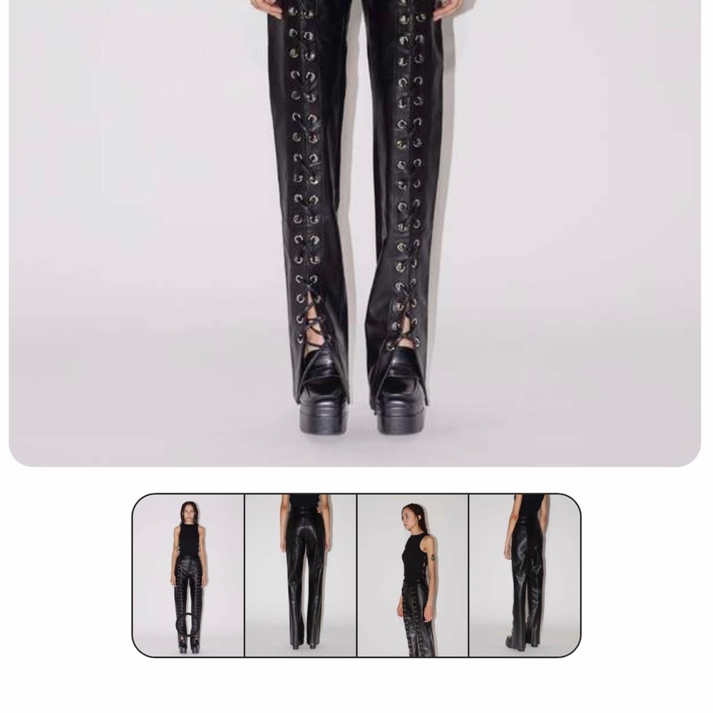 Black Lace-Up Vegan Leather Pants - Women's